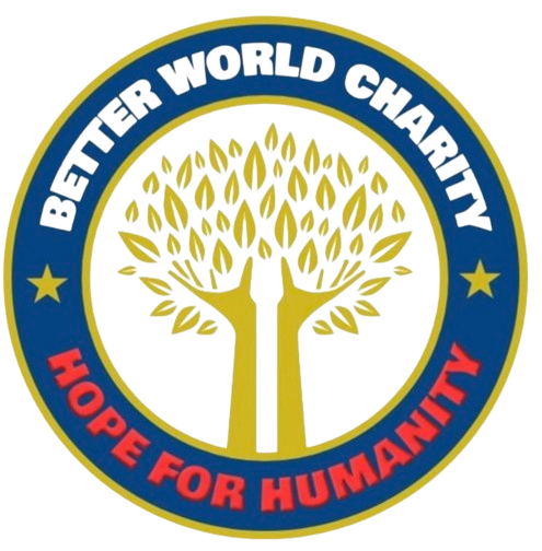 Better World Charity logo: a golden tree inside a blue circle, with the words Hope for Humanity